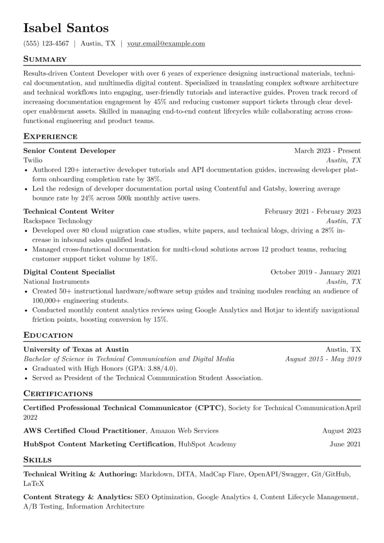 Content Developer Resume Example CV template preview