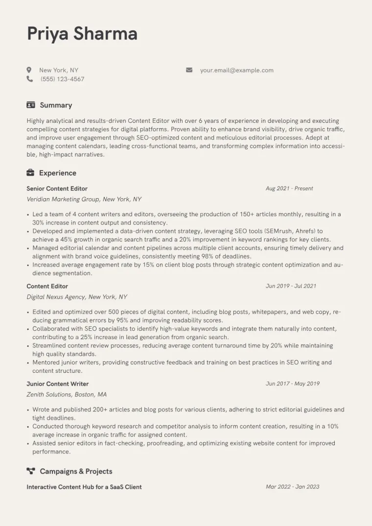 Content Editor Resume Example CV template preview
