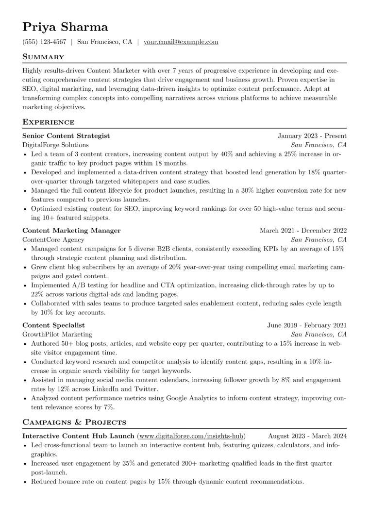 Content Marketer Resume Example preview