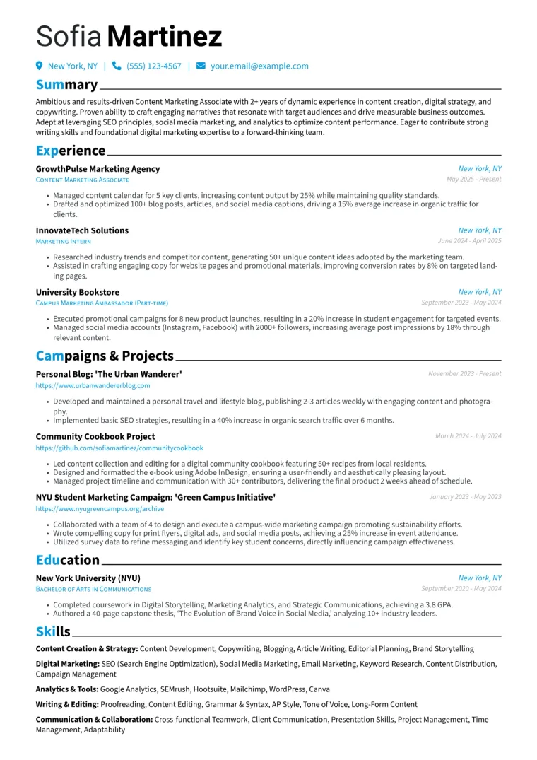Content Marketing Associate Resume Example preview