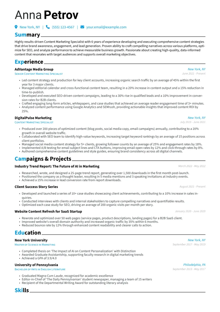Content Marketing Specialist Resume Example CV template preview