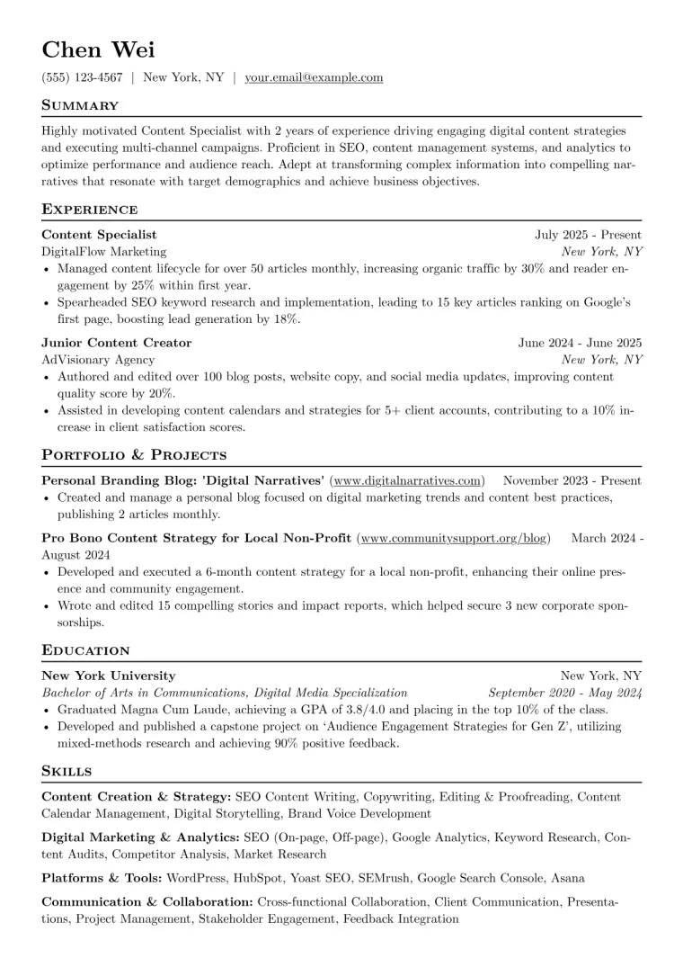 Content Specialist Resume Example CV template preview