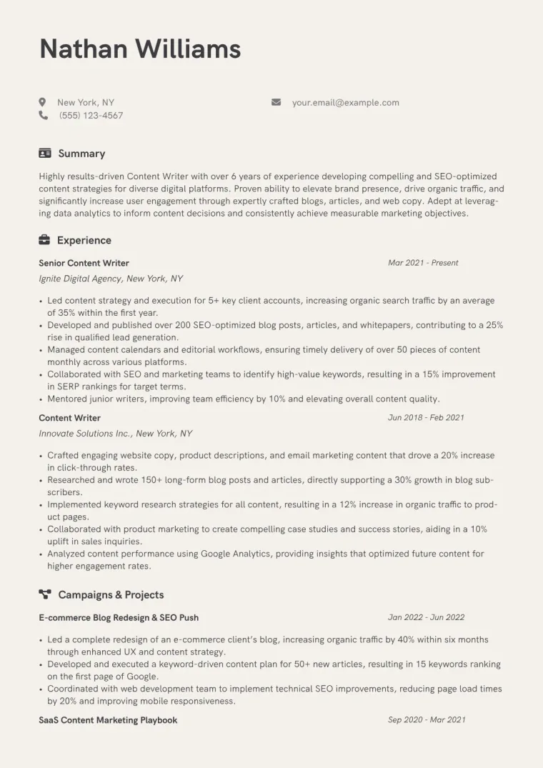 Content Writer Resume Example CV template preview