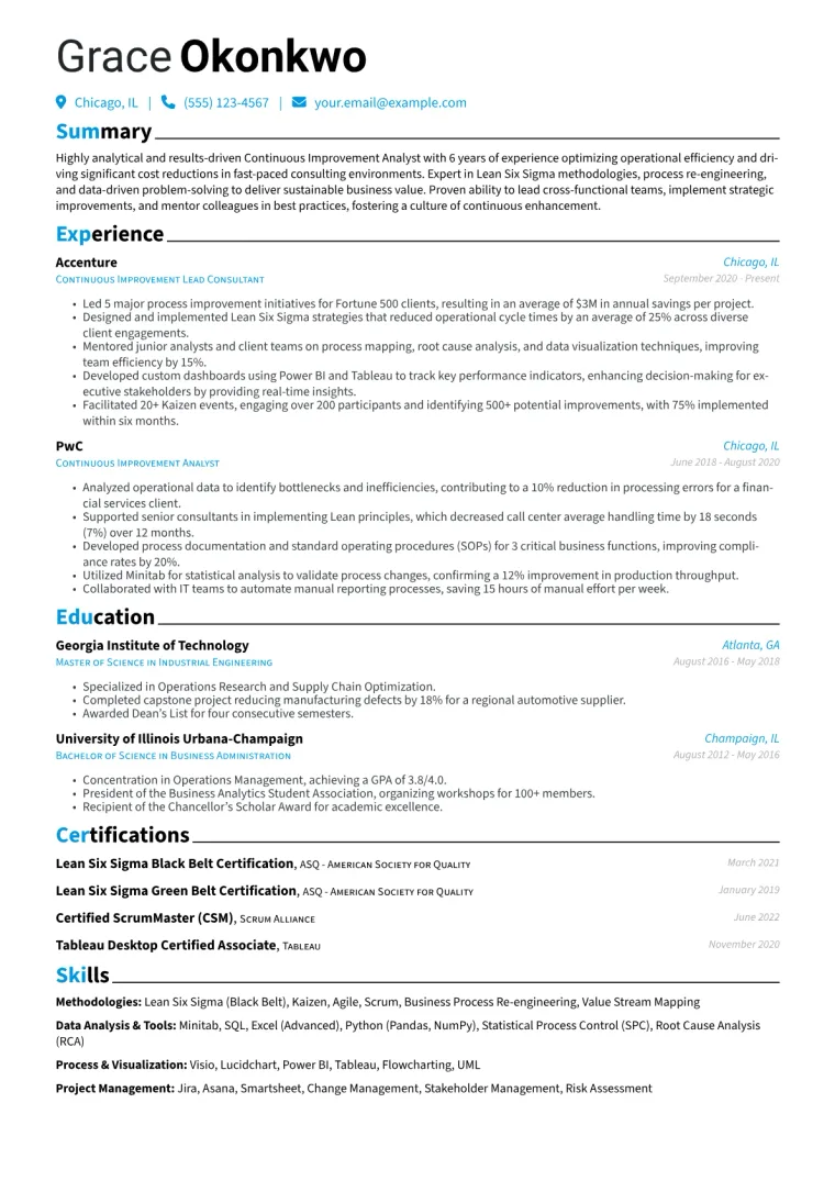 Continuous Improvement Analyst Resume Example CV template preview