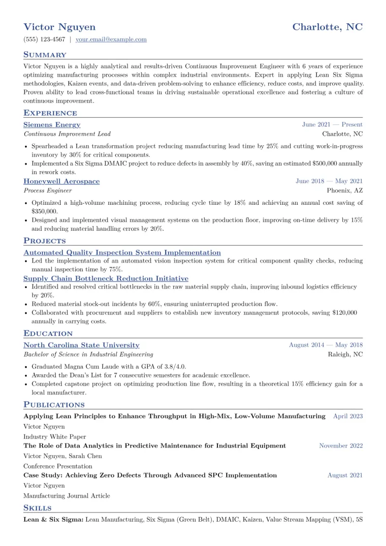 Continuous Improvement Engineer Resume Example CV template preview