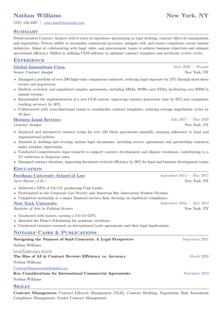 Contract Analyst Resume Example CV template preview