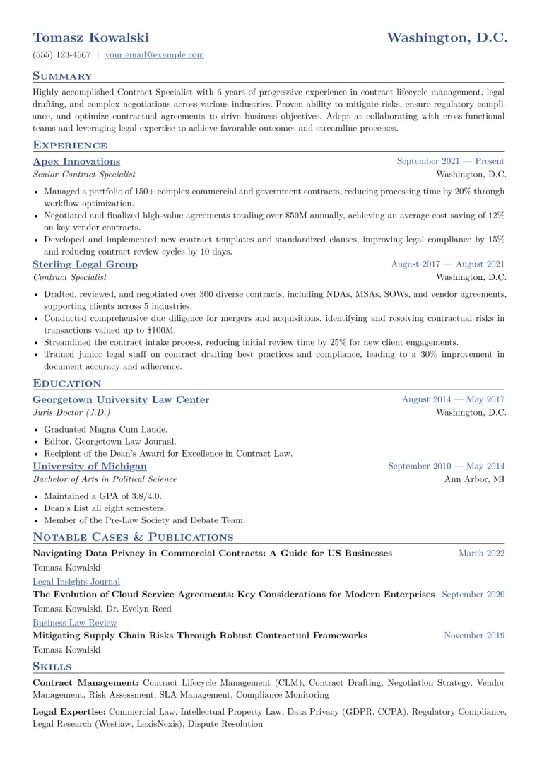 Contract Specialist Resume Example CV template preview