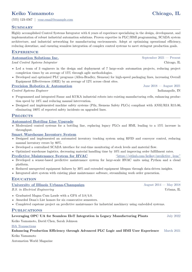 Control Systems Integrator Resume Example CV template preview