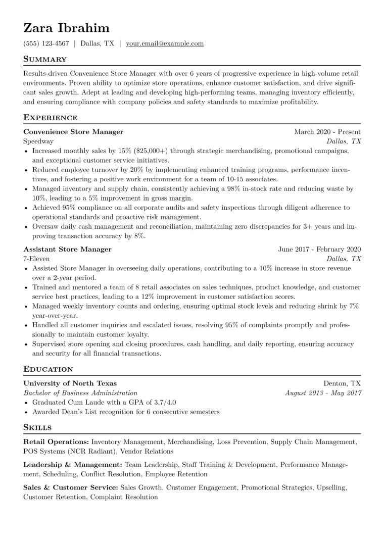 Convenience Store Manager Resume Example CV template preview