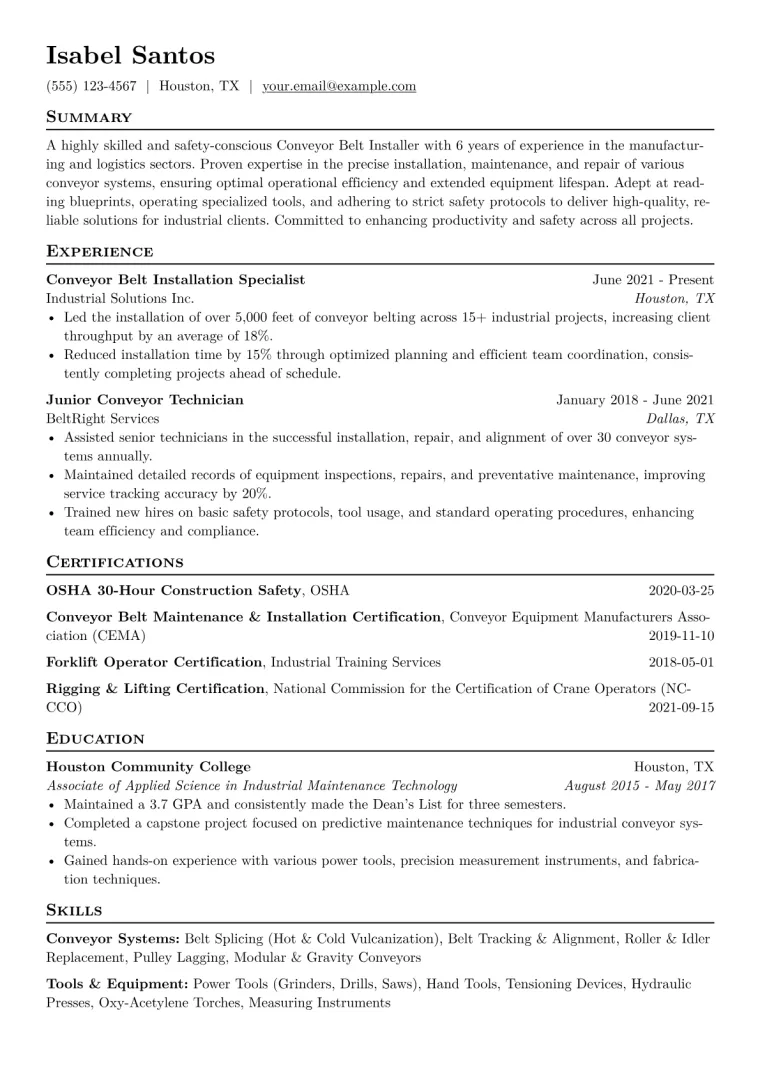 Conveyor Belt Installer Resume Example CV template preview