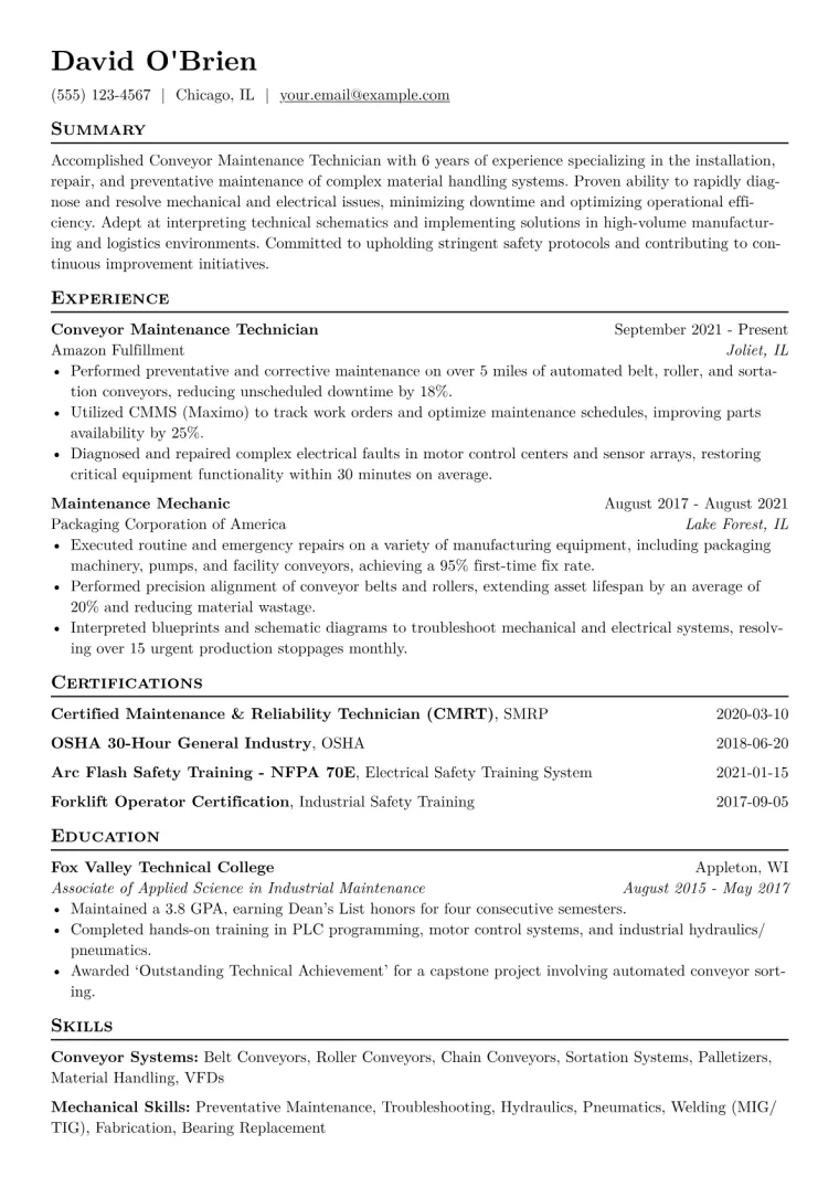 Conveyor Maintenance Technician Resume Example CV template preview