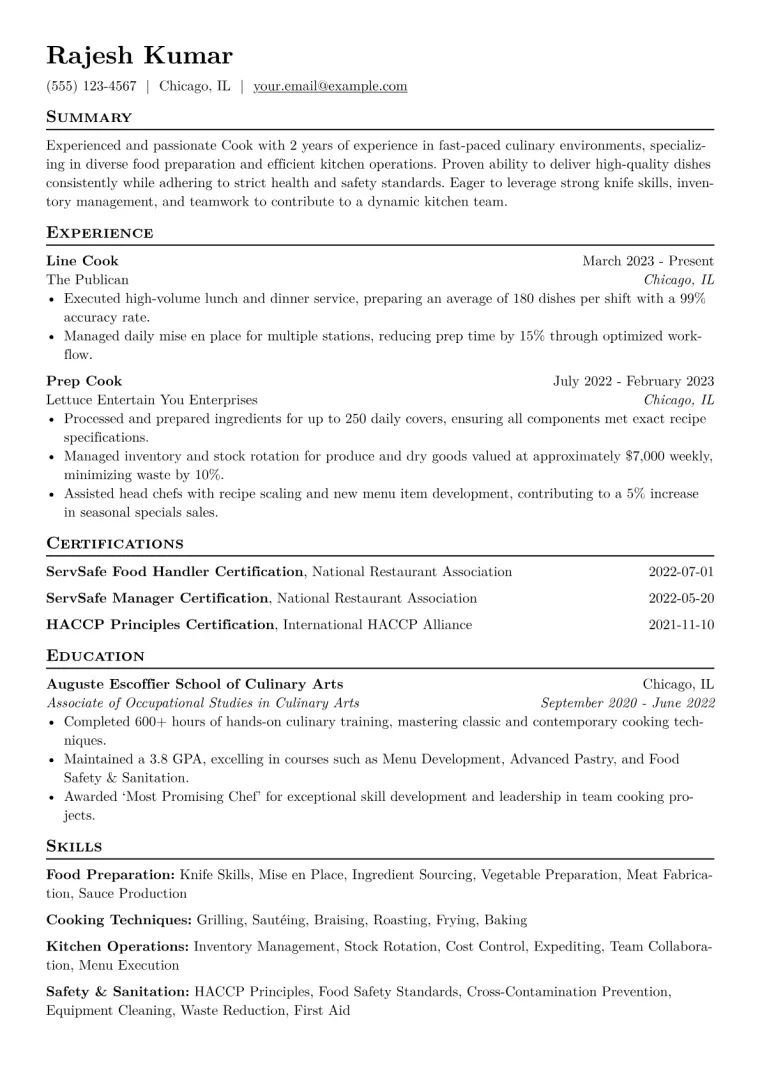 Cook Resume Example CV template preview
