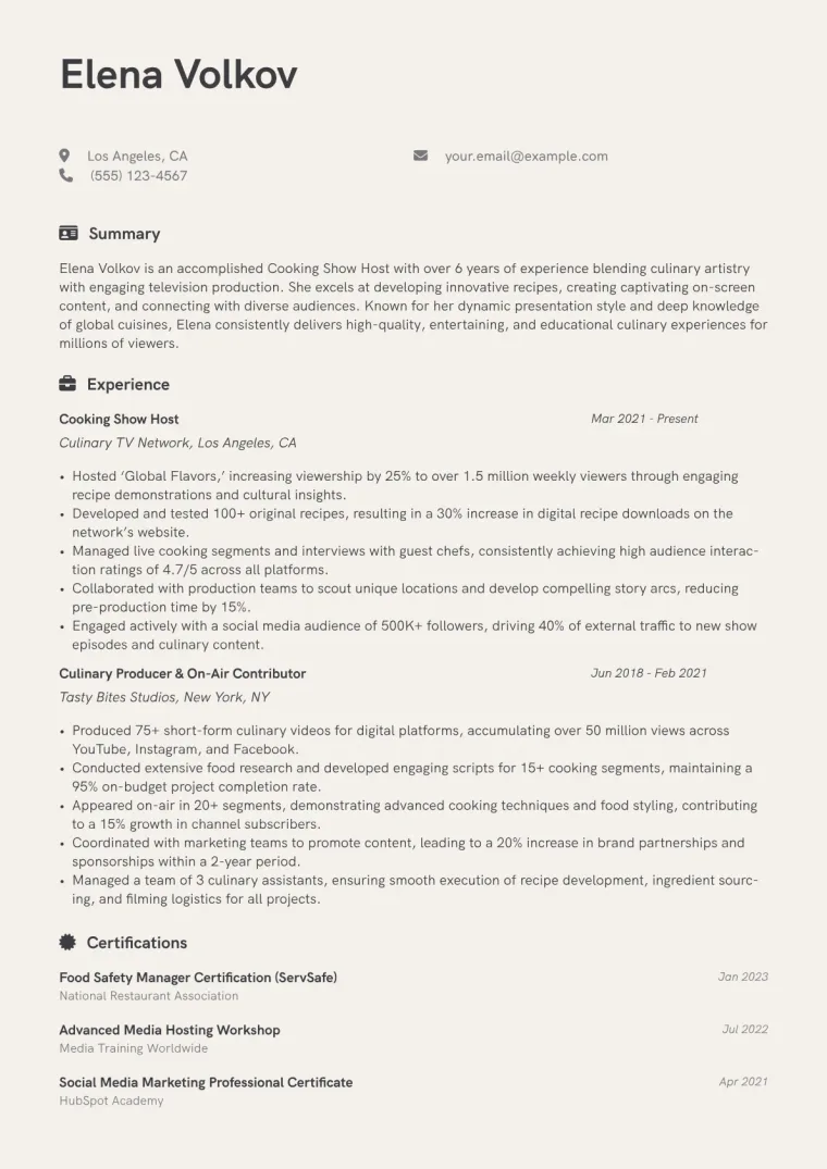 Cooking Show Host Resume Example CV template preview
