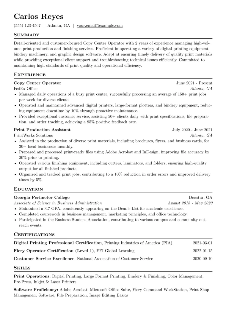 Copy Center Operator Resume Example CV template preview