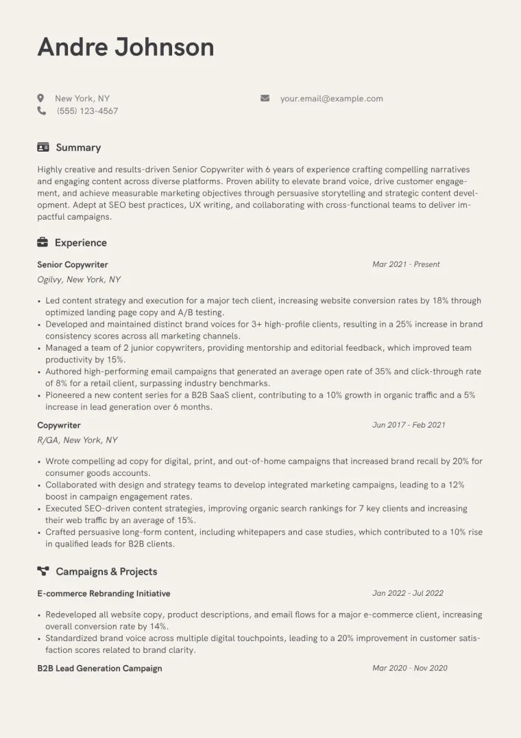 Copywriter Resume Example CV template preview