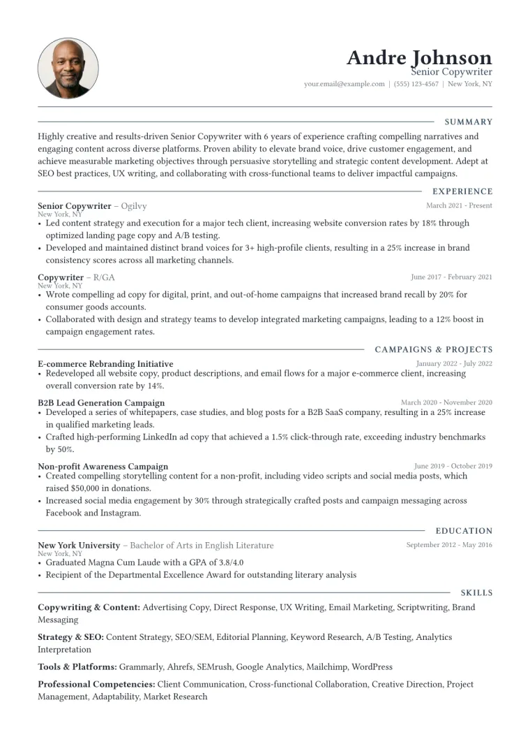 Copywriter Resume Example CV template preview