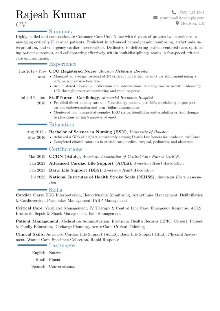 Coronary Care Unit Nurse Resume Example CV template preview