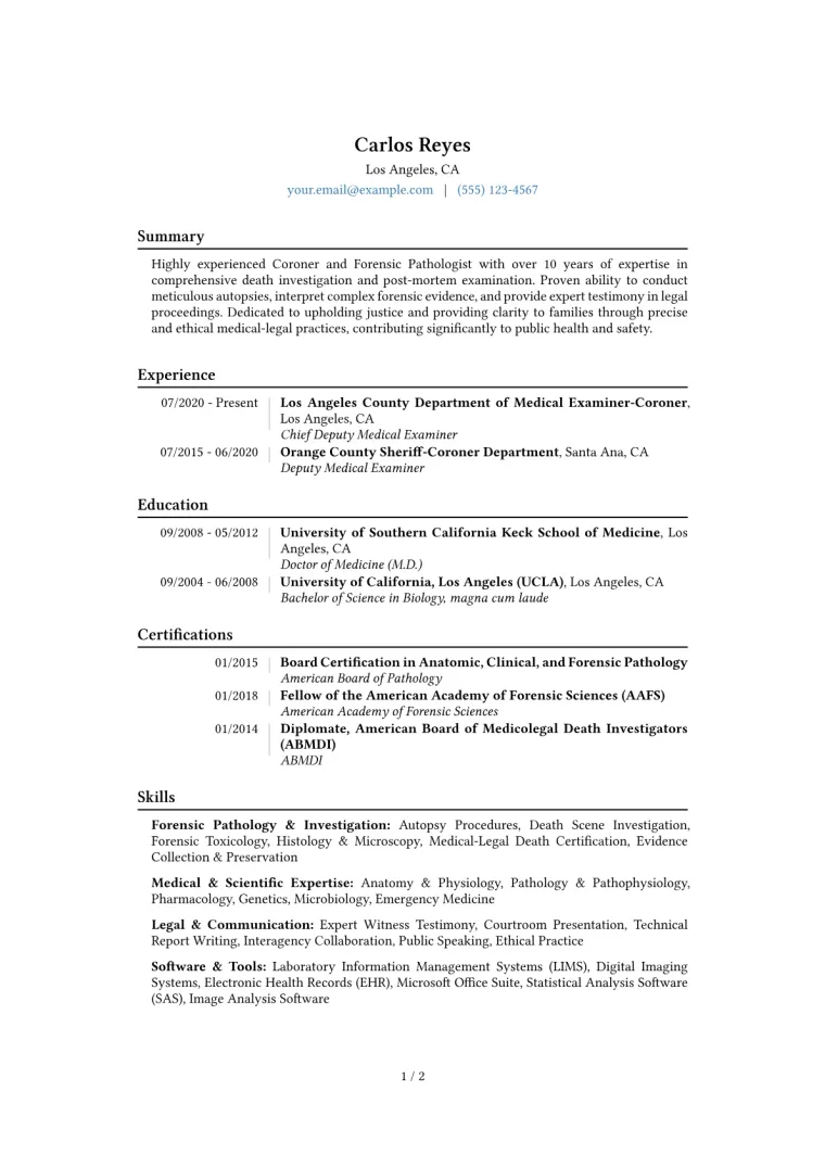 Coroner Resume Example CV template preview