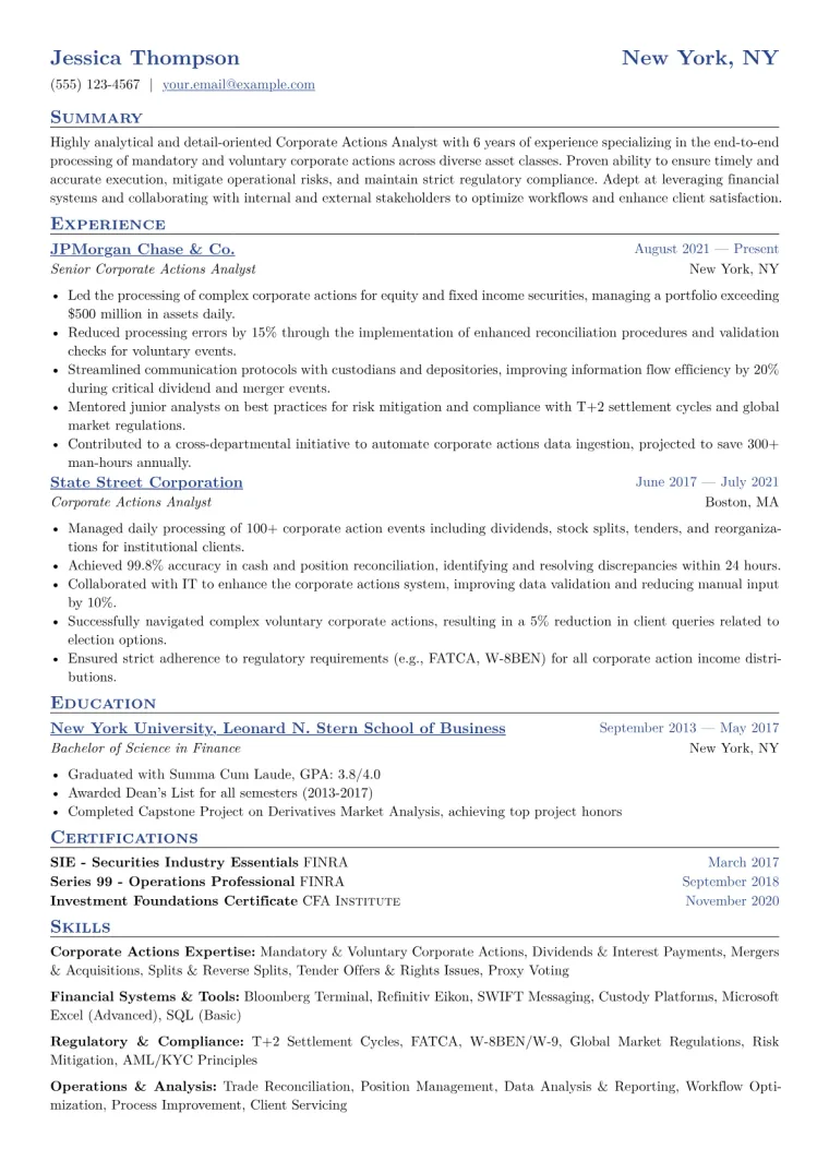 Corporate Actions Analyst Resume Example CV template preview