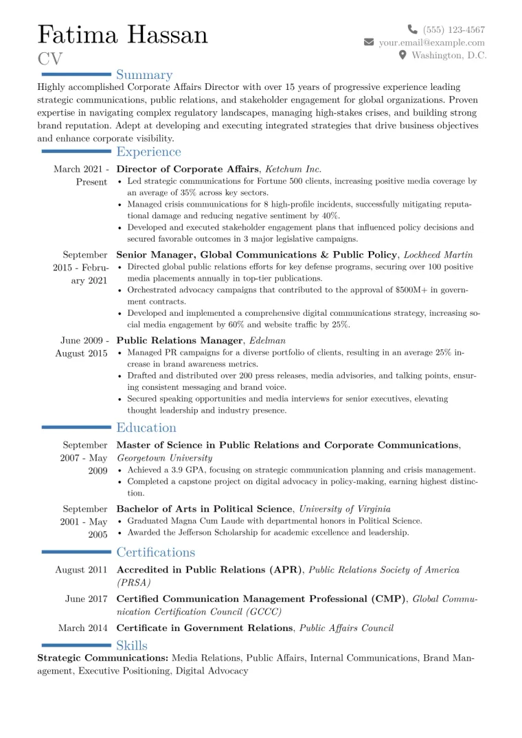 Corporate Affairs Director Resume Example CV template preview
