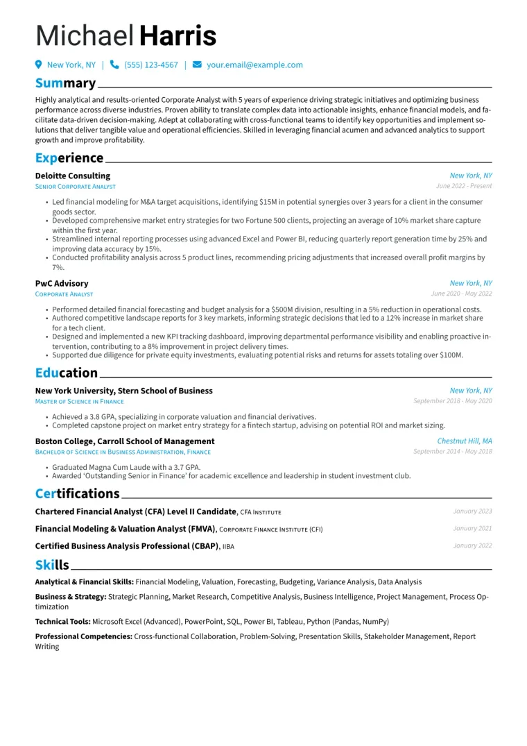 Corporate Analyst Resume Example CV template preview