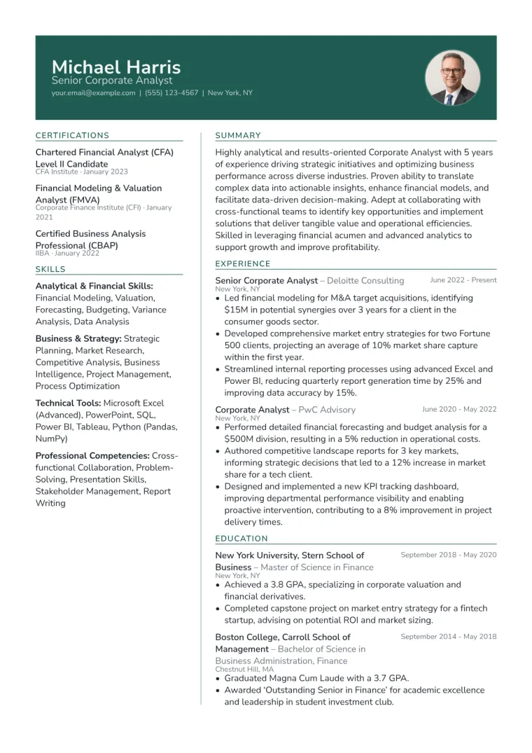 Corporate Analyst Resume Example CV template preview