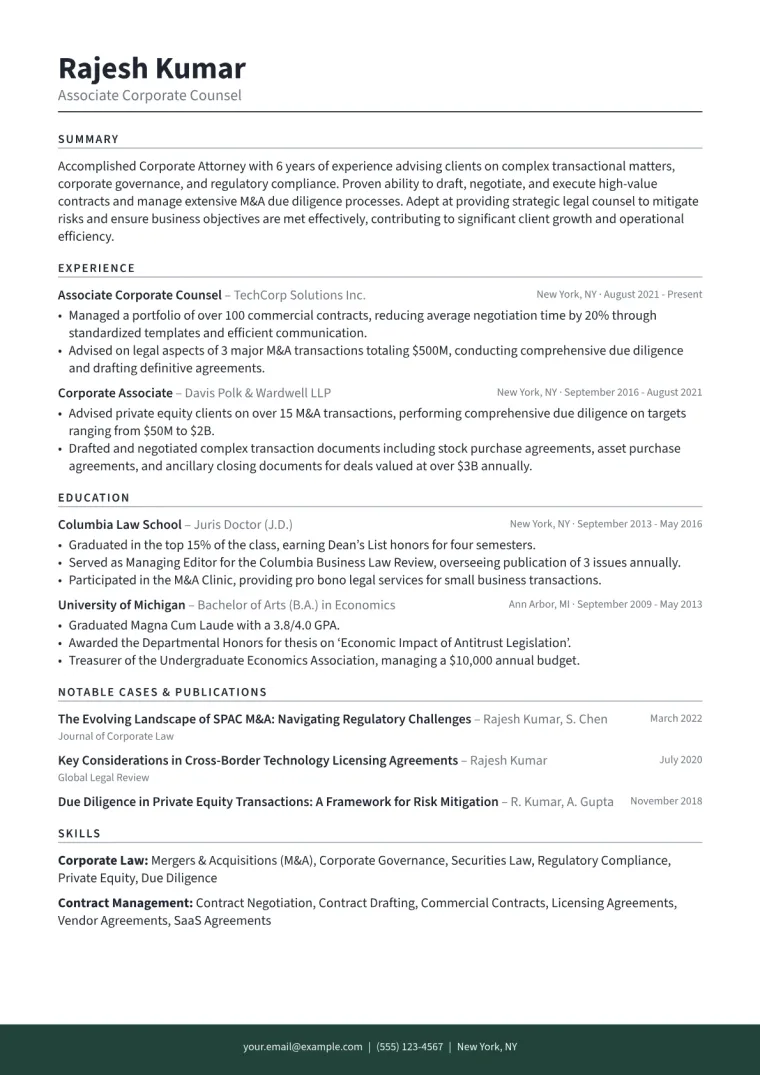Corporate Attorney Resume Example CV template preview