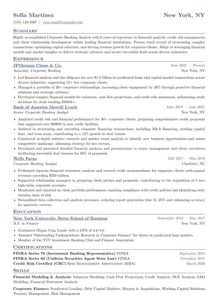 Corporate Banking Analyst Resume Example CV template preview