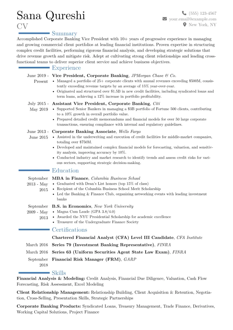 Corporate Banking VP Resume Example CV template preview