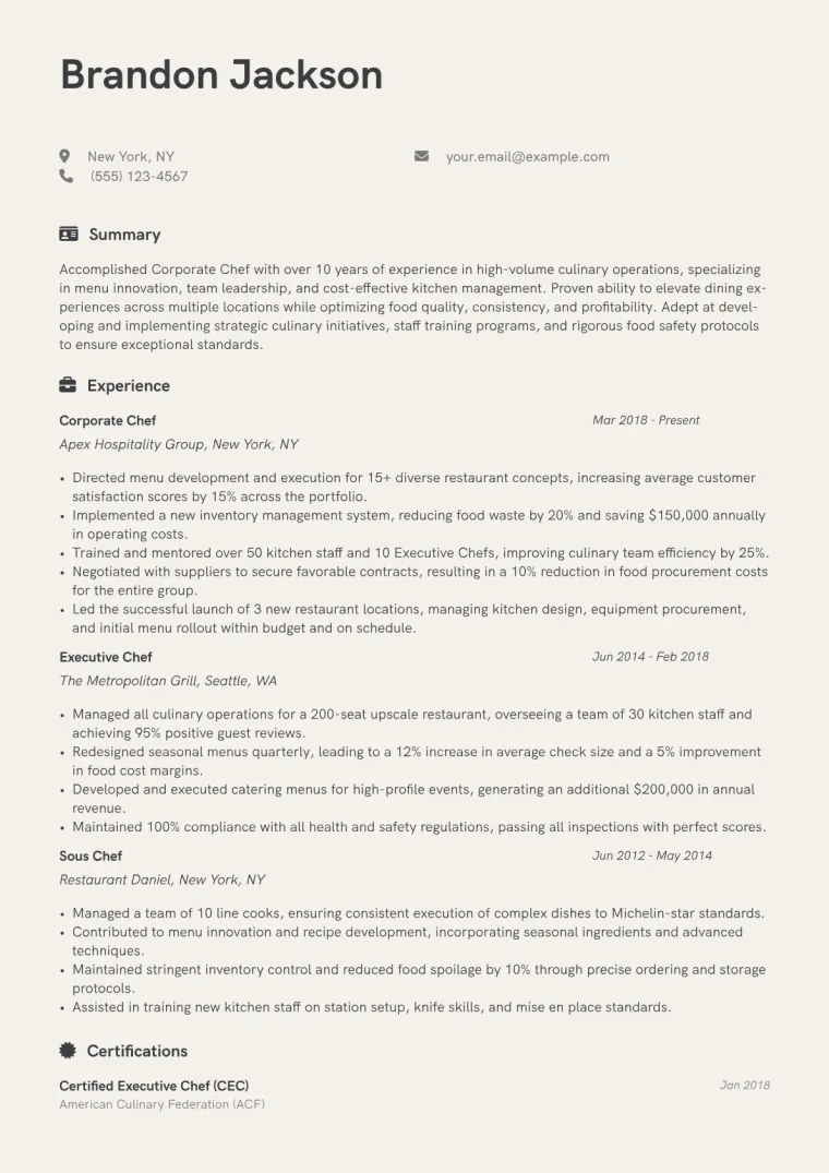 Corporate Chef Resume Example CV template preview