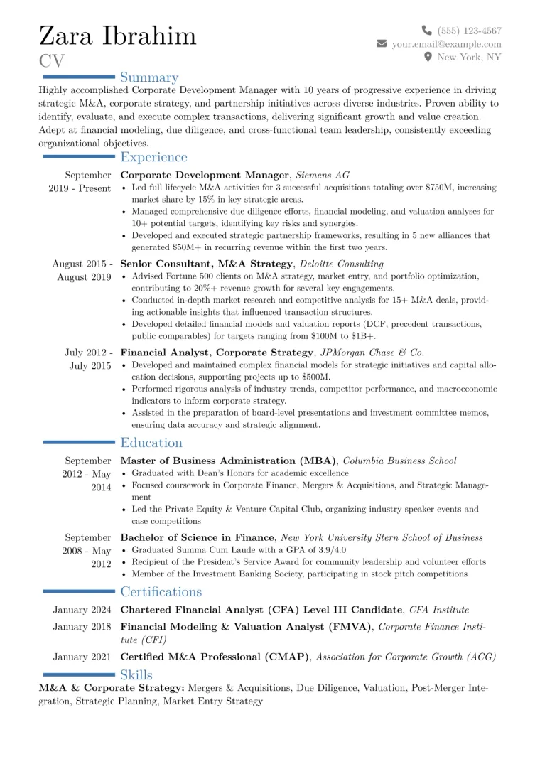 Corporate Development Manager Resume Example CV template preview