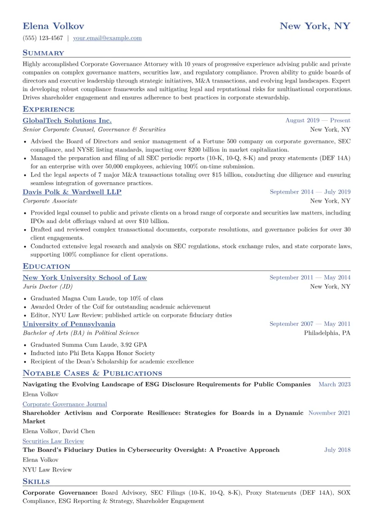 Corporate Governance Attorney Resume Example CV template preview