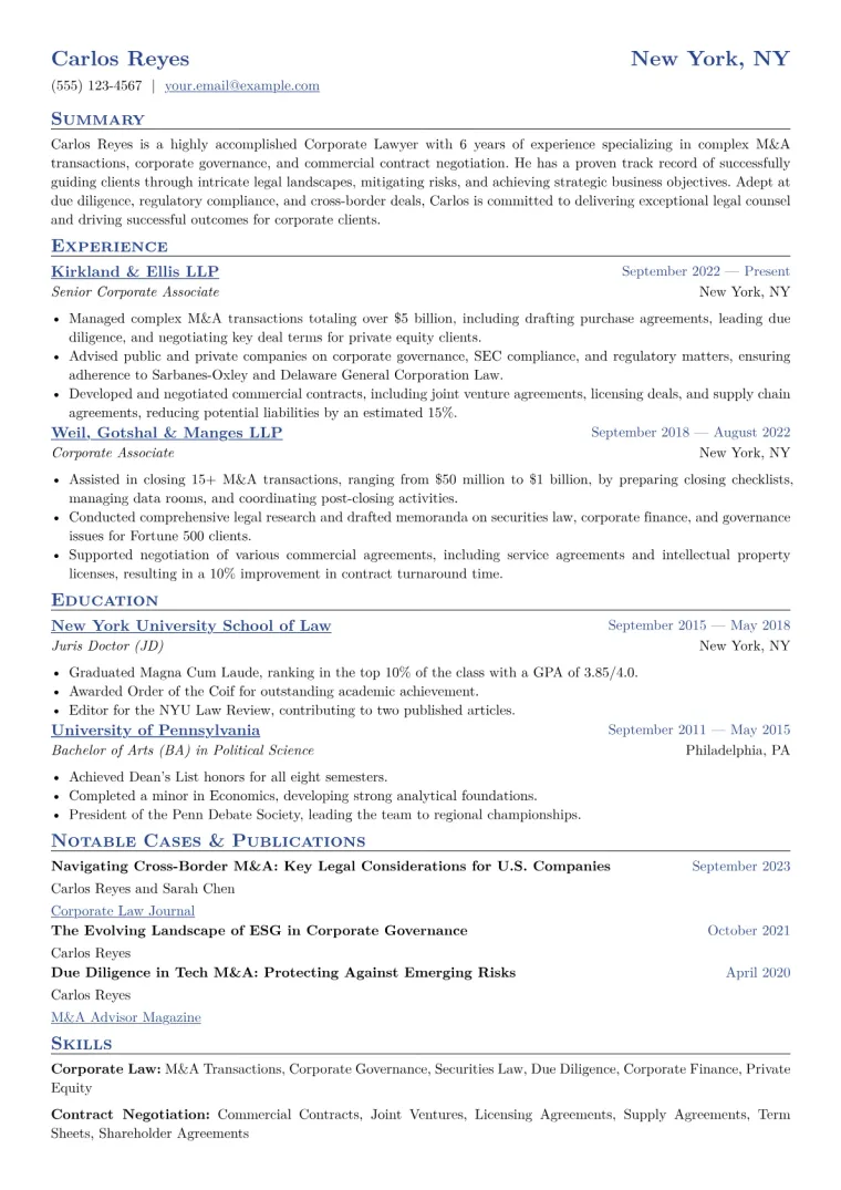 Corporate Lawyer Resume Example CV template preview
