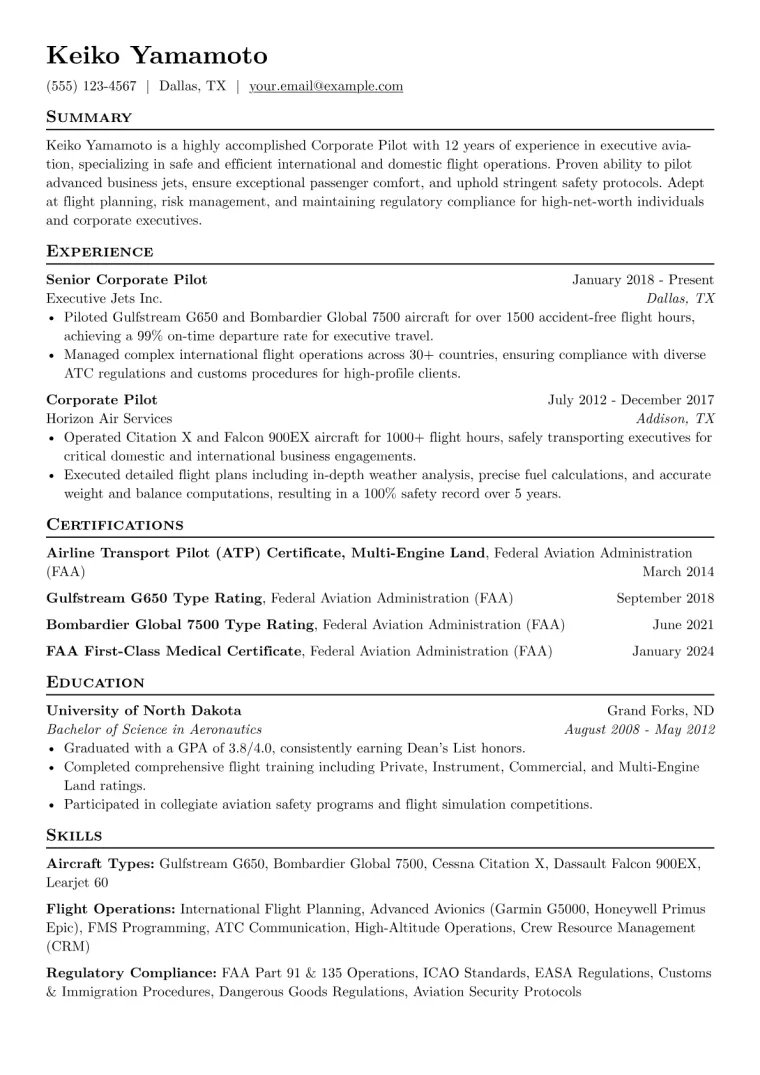 Corporate Pilot Resume Example CV template preview