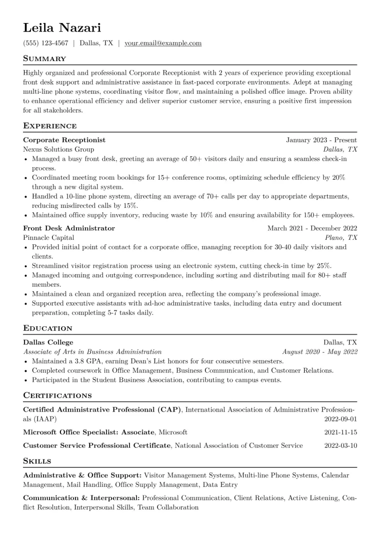 Corporate Receptionist Resume Example CV template preview