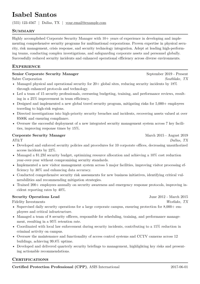 Corporate Security Manager Resume Example CV template preview