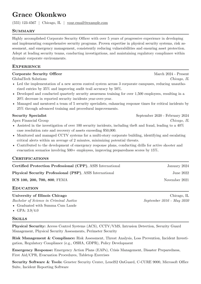 Corporate Security Officer Resume Example CV template preview
