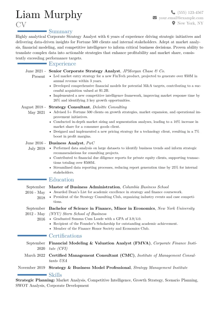 Corporate Strategy Analyst Resume Example CV template preview
