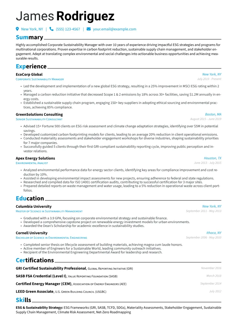 Corporate Sustainability Manager Resume Example CV template preview