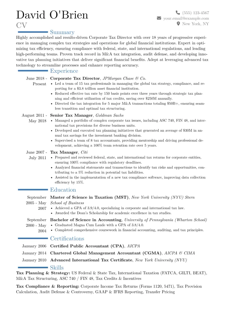 Corporate Tax Director Resume Example CV template preview