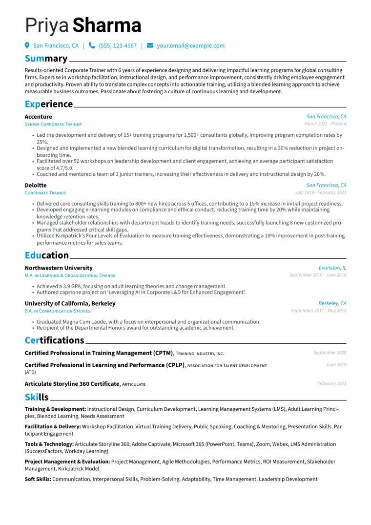Corporate Trainer Resume Example CV template preview