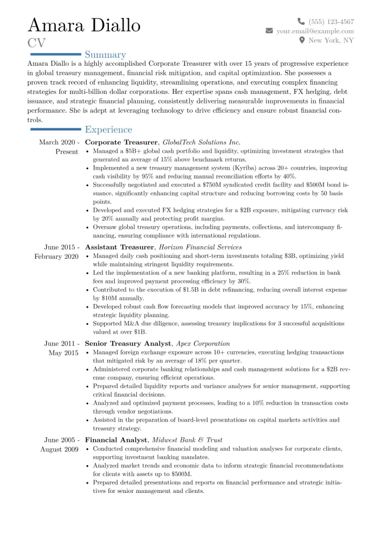 Corporate Treasurer Resume Example CV template preview