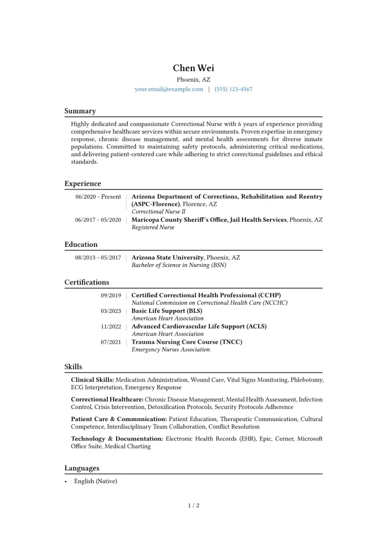 Correctional Nurse Resume Example CV template preview