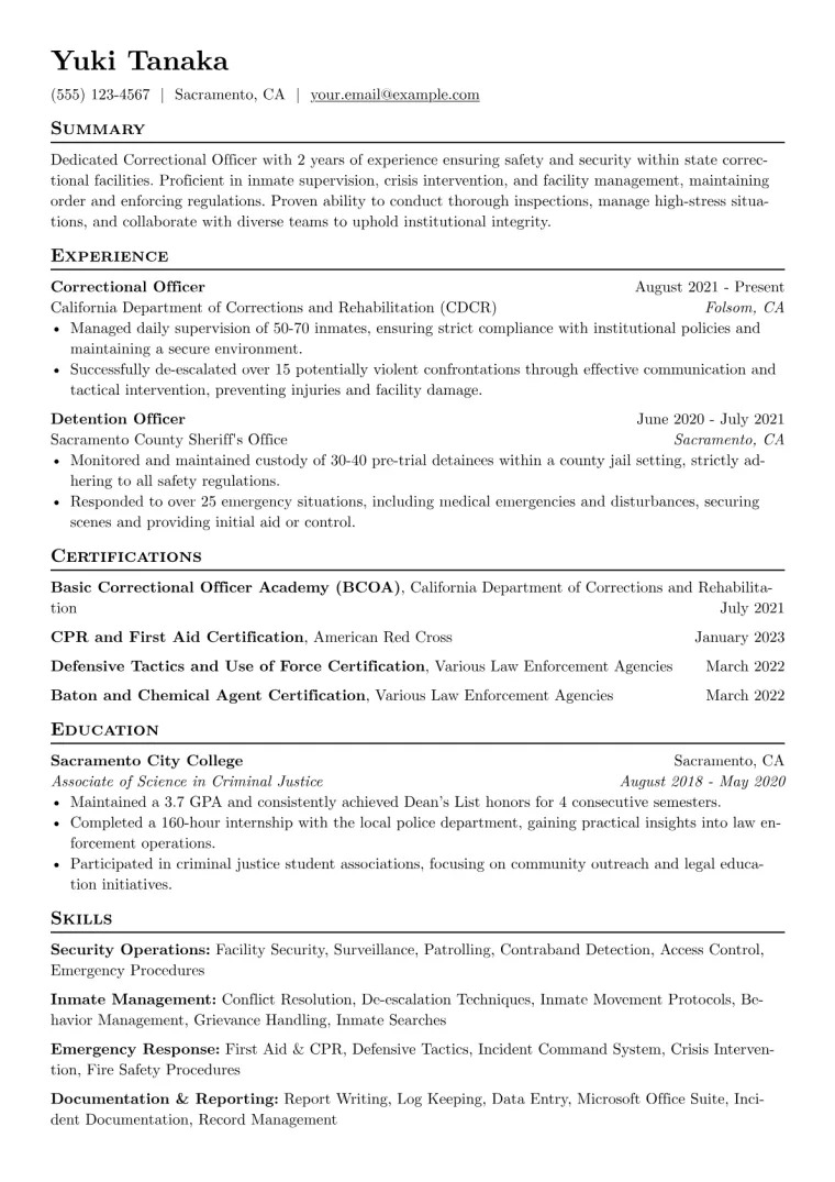 Correctional Officer Resume Example CV template preview