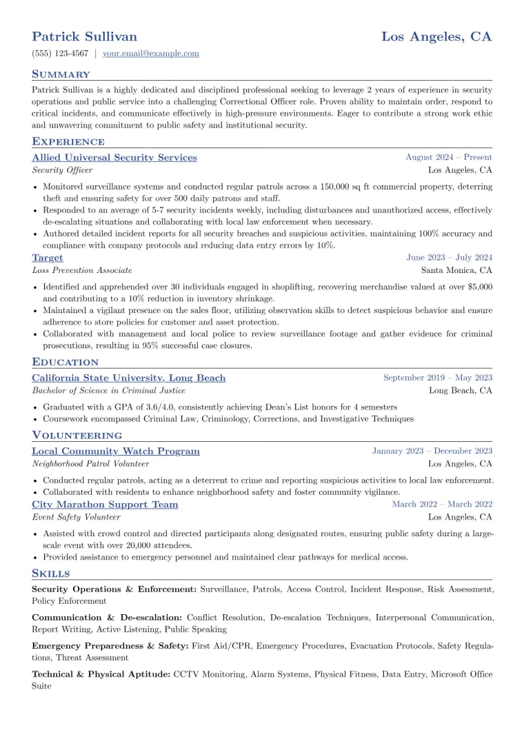 Correctional Officer With No Experience Resume Example CV template preview