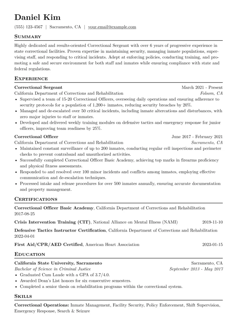 Correctional Sergeant Resume Example CV template preview