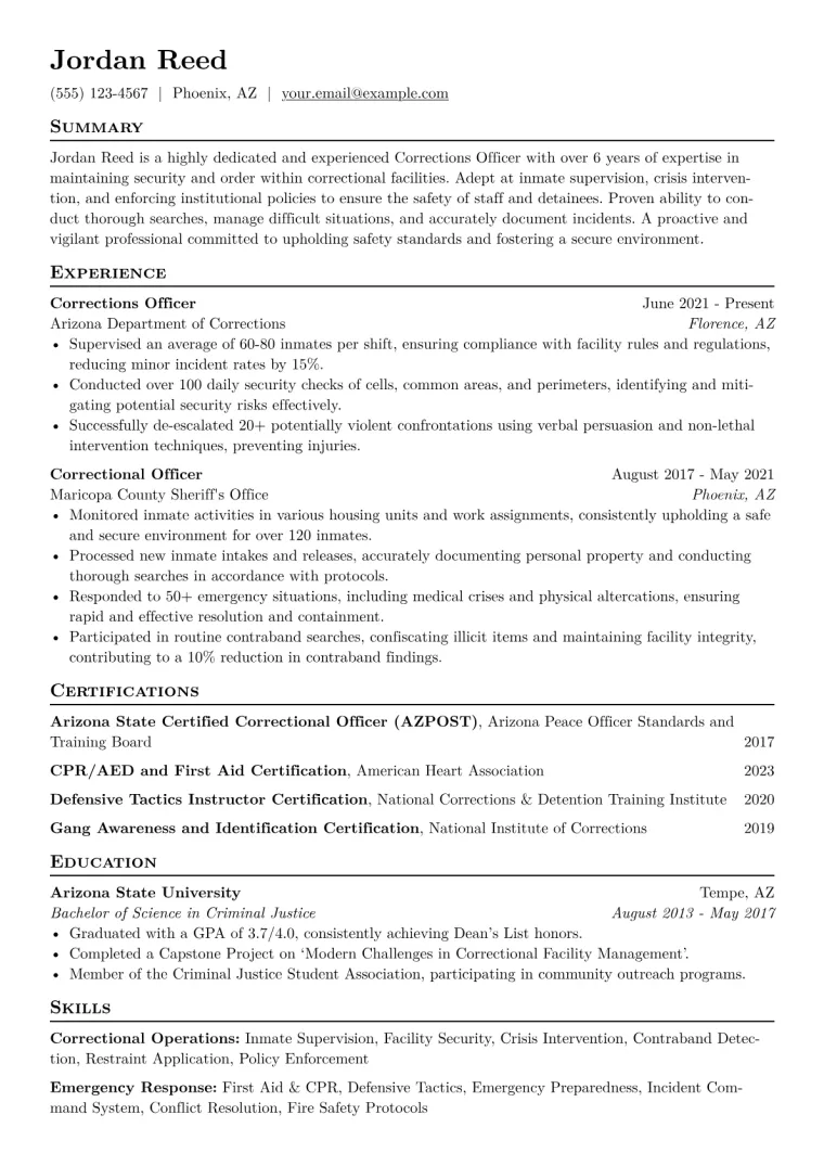 Corrections Officer Resume Example CV template preview