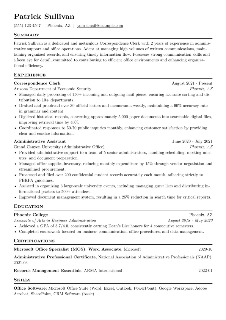Correspondence Clerk Resume Example CV template preview