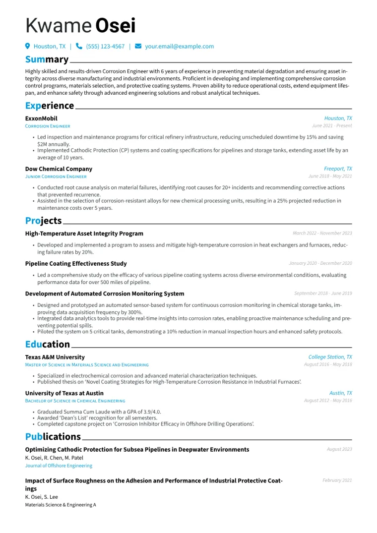 Corrosion Engineer Resume Example CV template preview