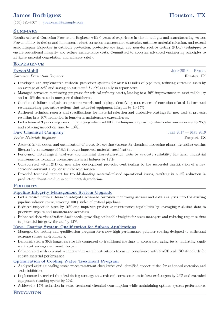 Corrosion Prevention Engineer Resume Example CV template preview